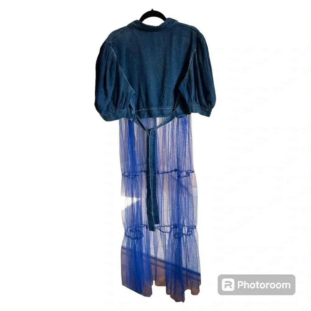 XPLUS WEAR Short Puffed Sleeves Tie Waist Tiered Tulle Hem Denim Blouse size 3XL - Picture 4 of 7